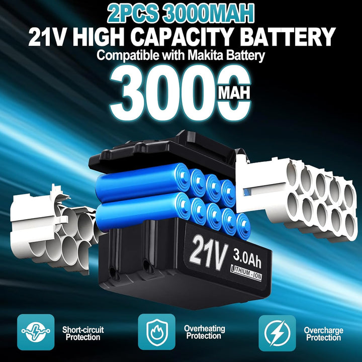 Yofuly Akku Winkelschleifer für Makita Akku 18V 21V, 2× 3.0Ah Akkus &amp; Ladegerät, Akku Flex Trennschl