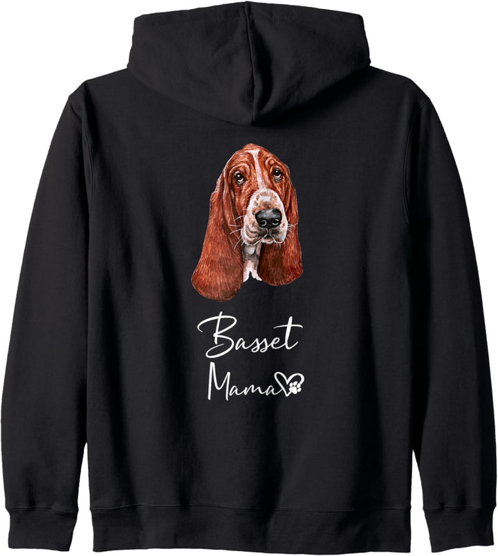 Basset Mama Hundemama Hund Frauchen Haustier Rückendruck Kapuzenjacke
