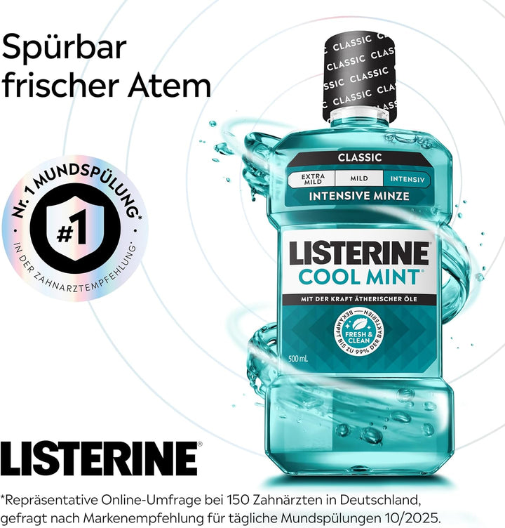 LISTERINE Cool Mint (6 x 500 ml), antibakterielle Mundspülung mit ätherischen Ölen & Minzgeschmack,