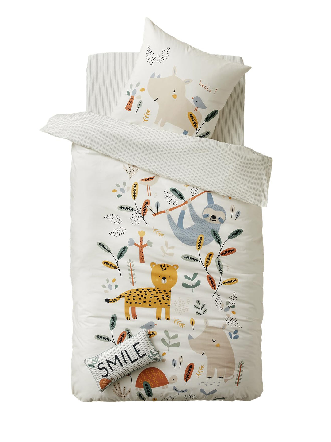 Vertbaudet Kinder Bettwäsche-Set Dschungel Paradies wollweiss Bedruckt 140X200 - Kissen 63X63