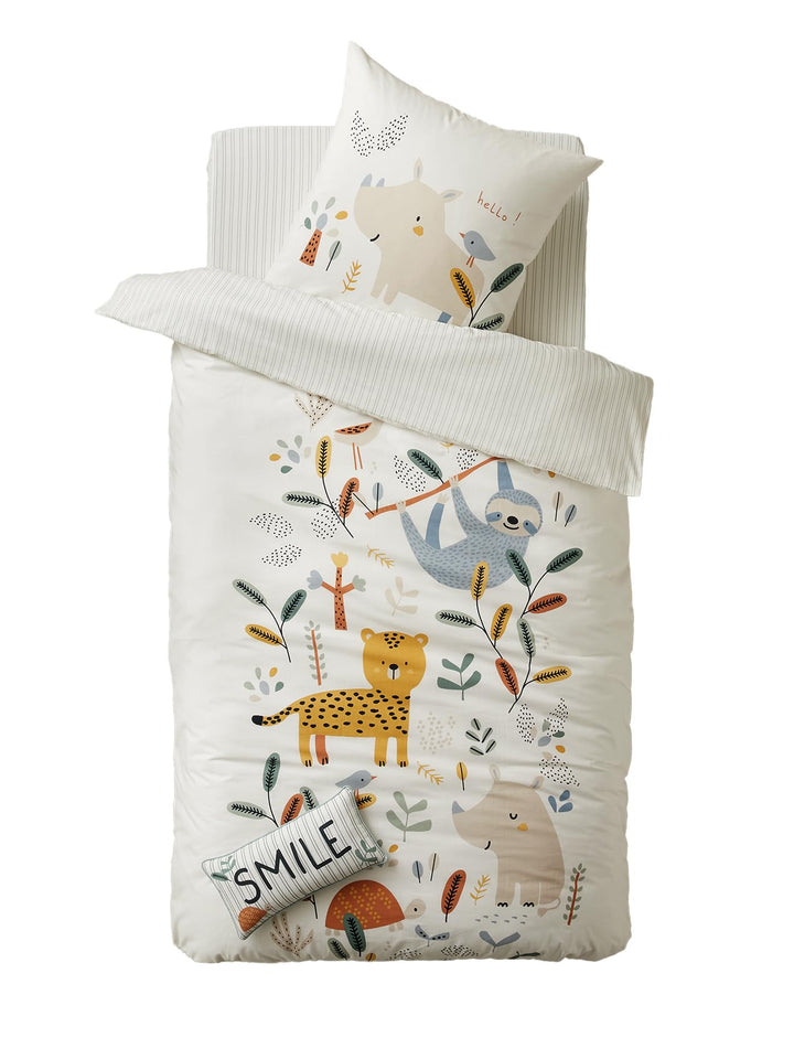 Vertbaudet Kinder Bettwäsche-Set Dschungel Paradies wollweiss Bedruckt 140X200 - Kissen 63X63