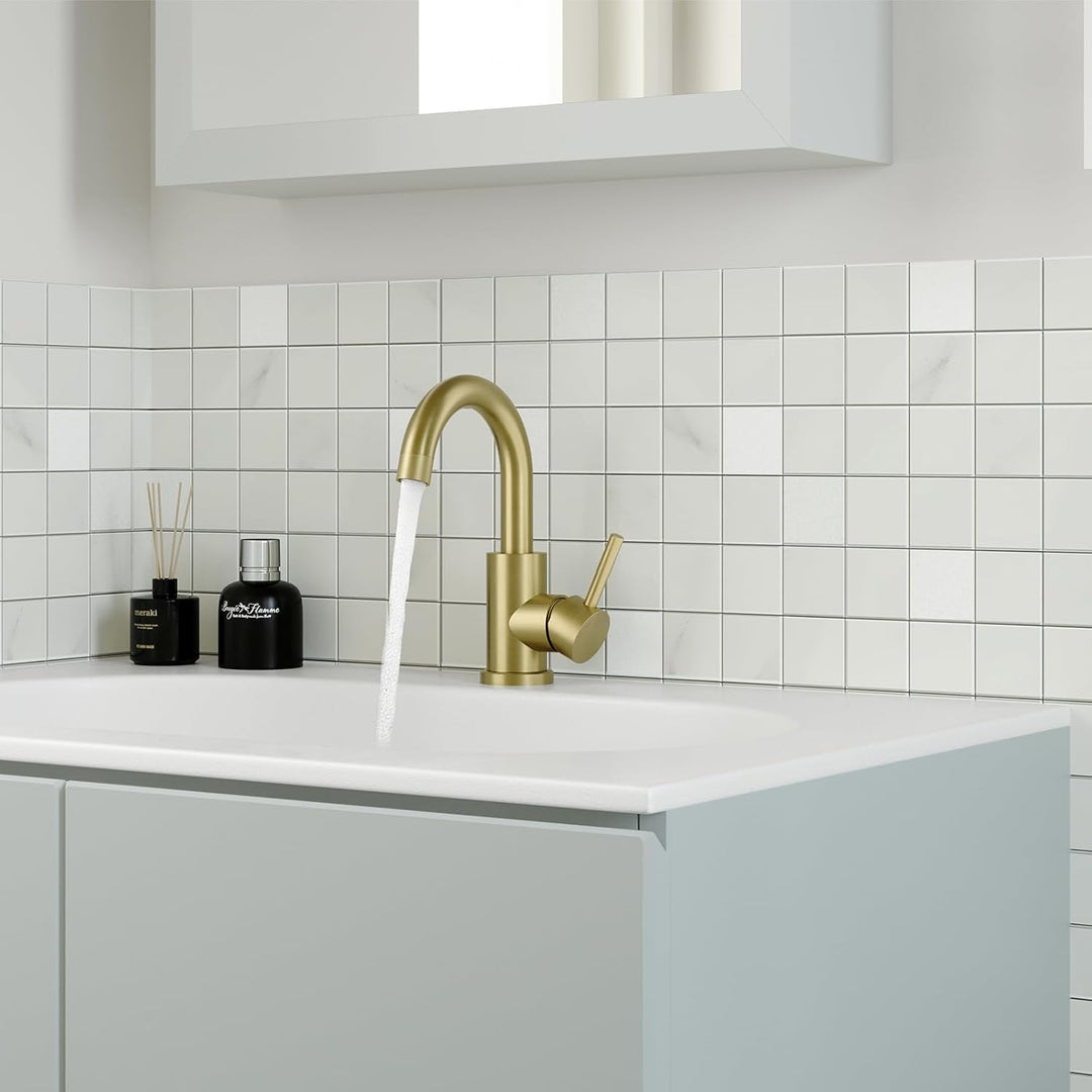 Wasserhahn Bad Gebürstetes Gold, Wasserhahn Küche Edelstahl, 360° Drehbar Waschtischarmatur Hoch, Ei