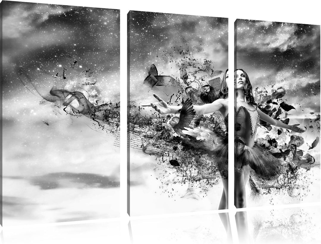 Pixxprint Ballerina im Kleid / 3-Teilig/Gesamtmass 120cm Leinwandbild bespannt auf Holzrahmen/Wandbi