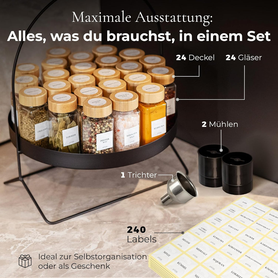 KITCHI Gewürzgläser Eckig Set 24 Stück – Bambus Deckel, inkl. 2 Mühlen für Salz & Pfeffer | Gewürzdo