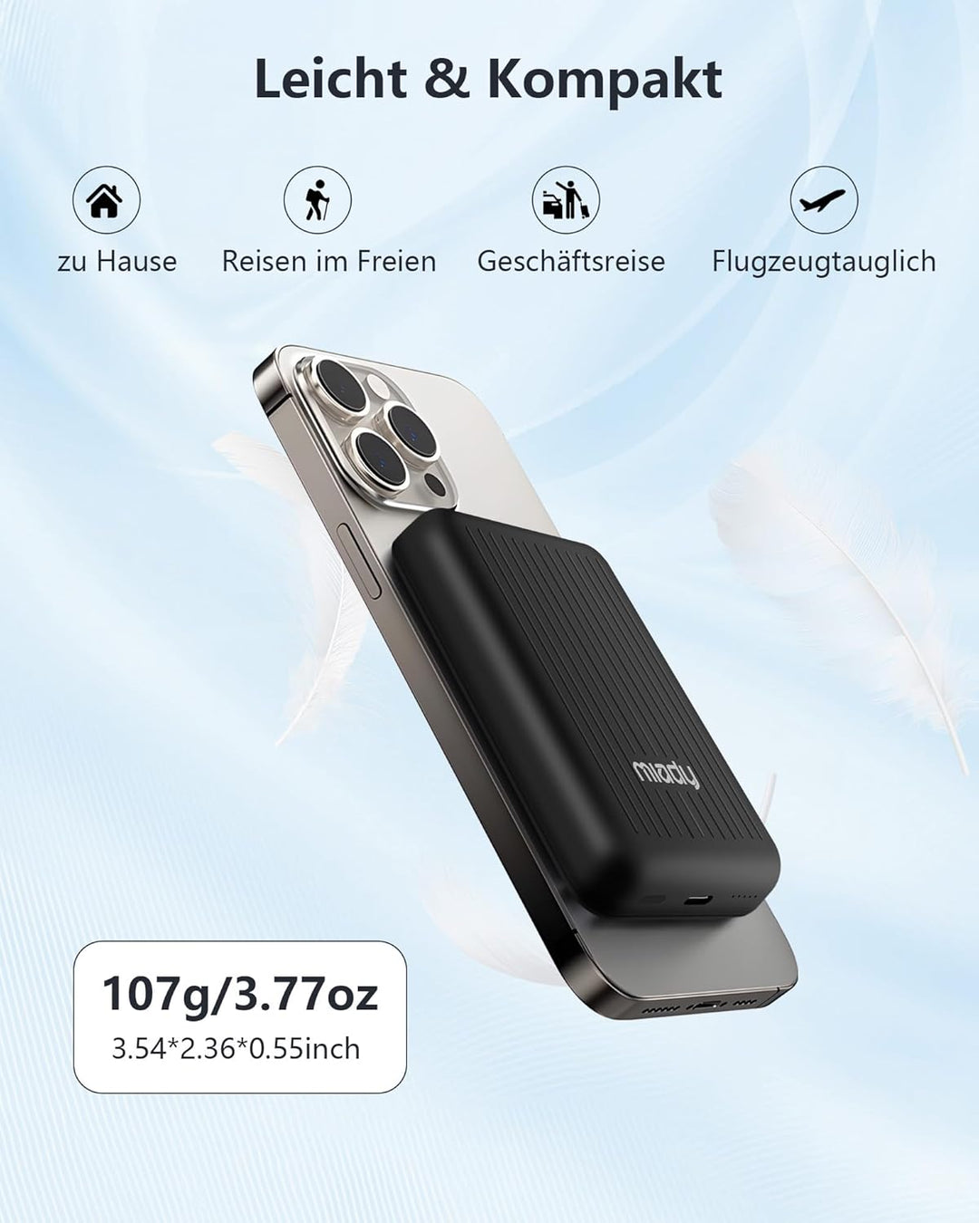 Miady Powerbank für Magsafe, 5000mAh 5W kabelloses magnetisches Laden & 12W USB-C Schnellladen, ultr