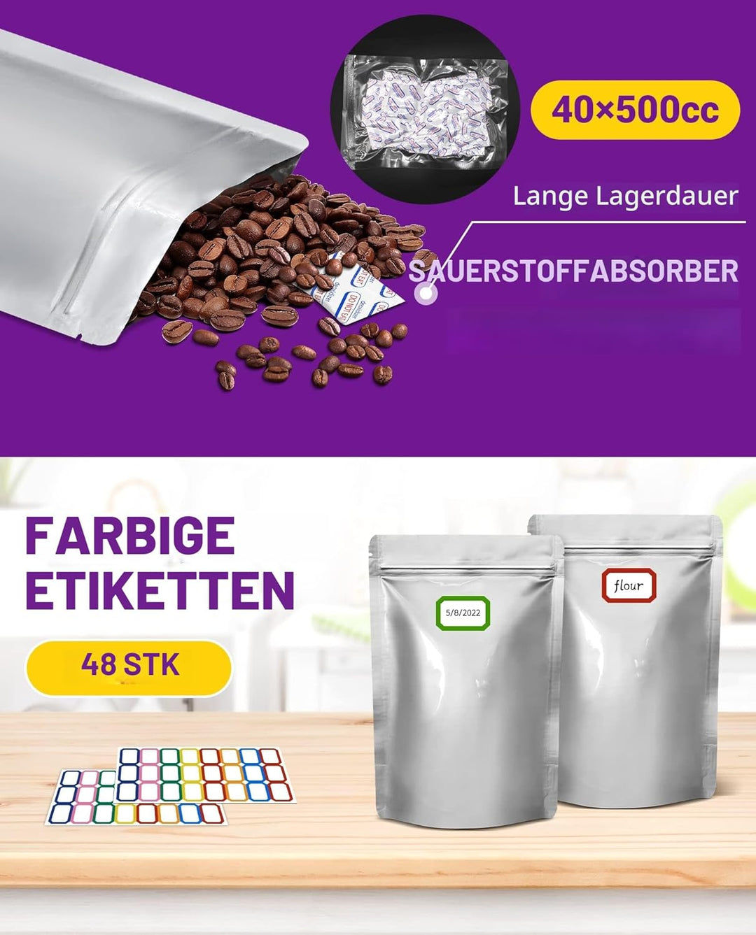 Midukit Mylar bags zur langfristige Lagerung Aufbewahrung von Lebensmitteln, 25 x 35 cm, 8,6 Mil, My
