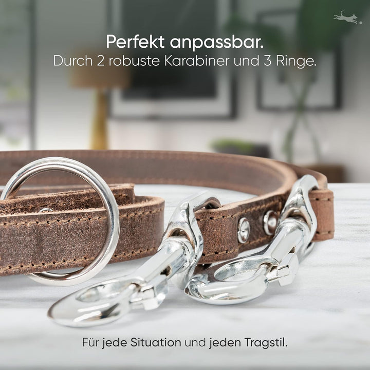 FREUDENTIER® Hundeleine aus zertifiziertem Leder 2m, 3-Fach verstellbare Führleine, liebevoll in Hol