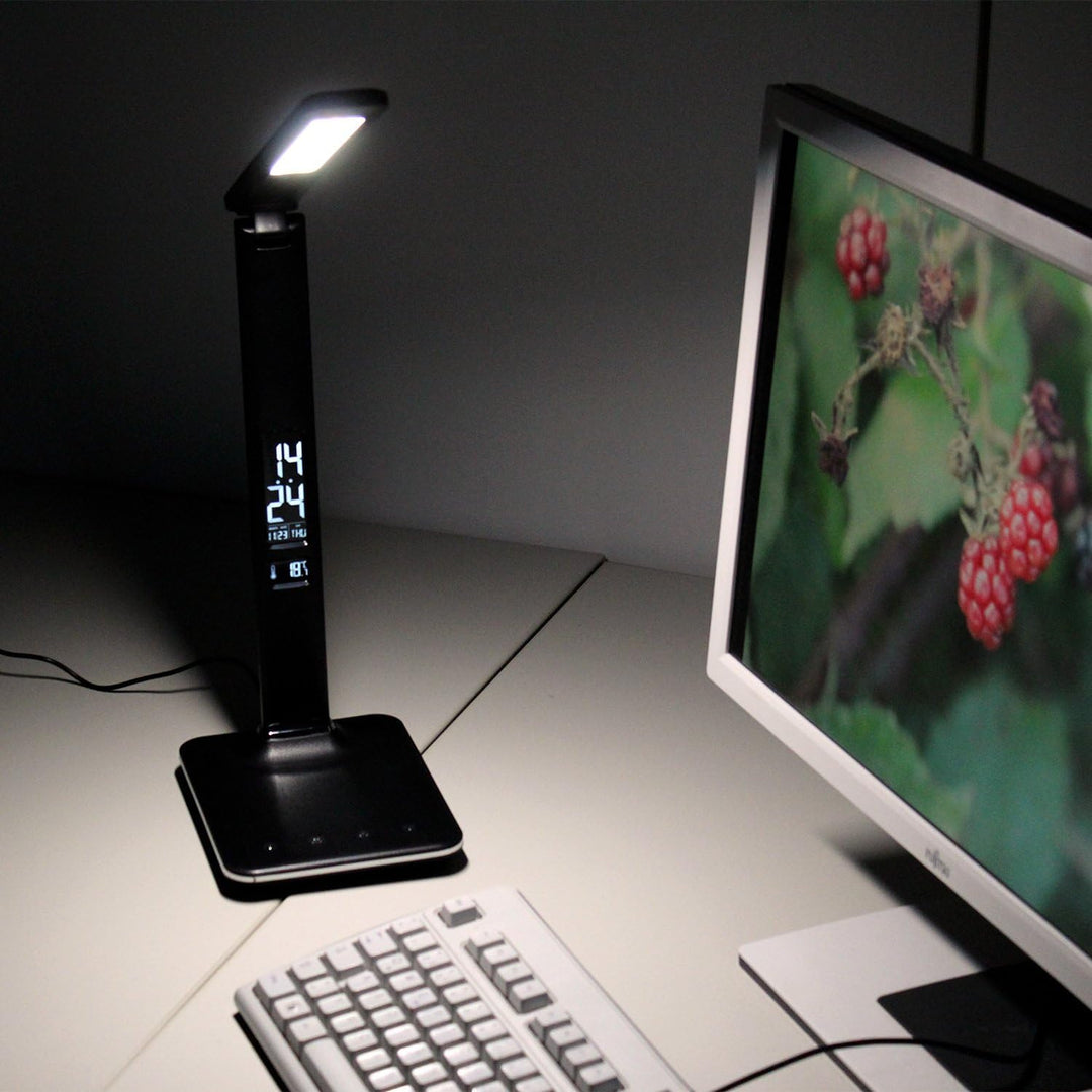 @tec Dimmbare LED Schreibtischlampe in Lederoptik mit Display für Datums, Uhrzeit, Temperatur - schw