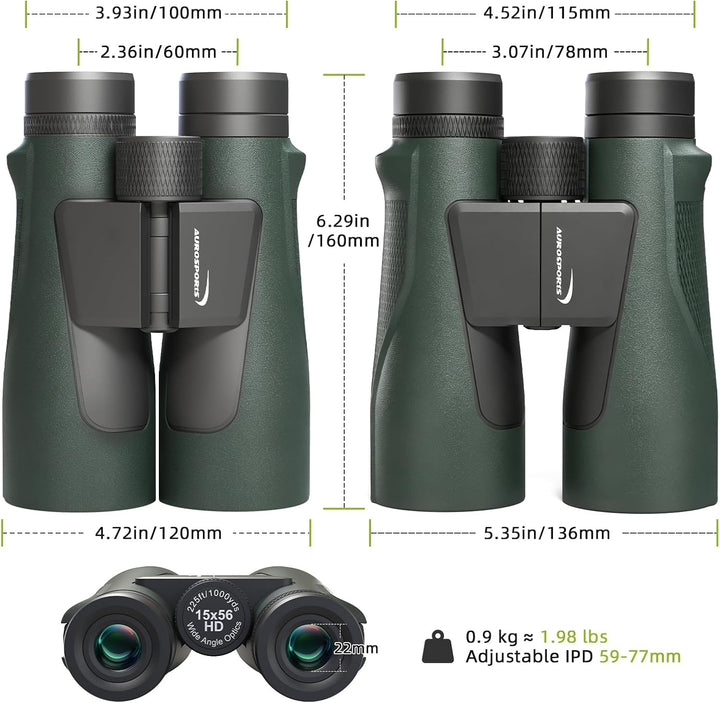15x56 HD Fernglas Erwachsene - Aurosports Large View Fernglas mit klaren Low Light Vision - Leichtge