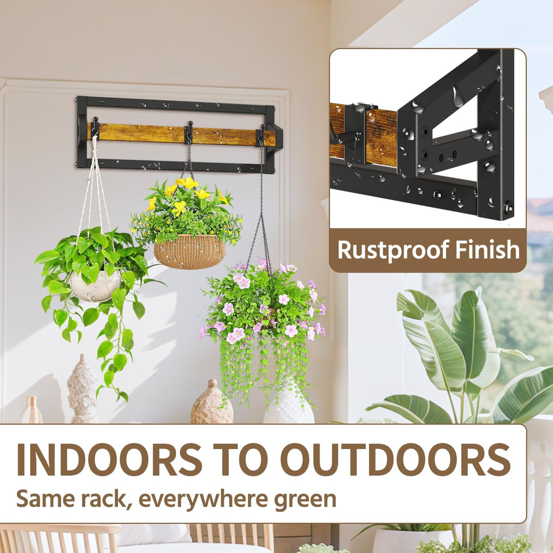 LASZOLA Pack of 2 Plant Stands, Plant Holder Wall with 6 Hanging Hooks, Plant Shelf, Plant Wall Moun