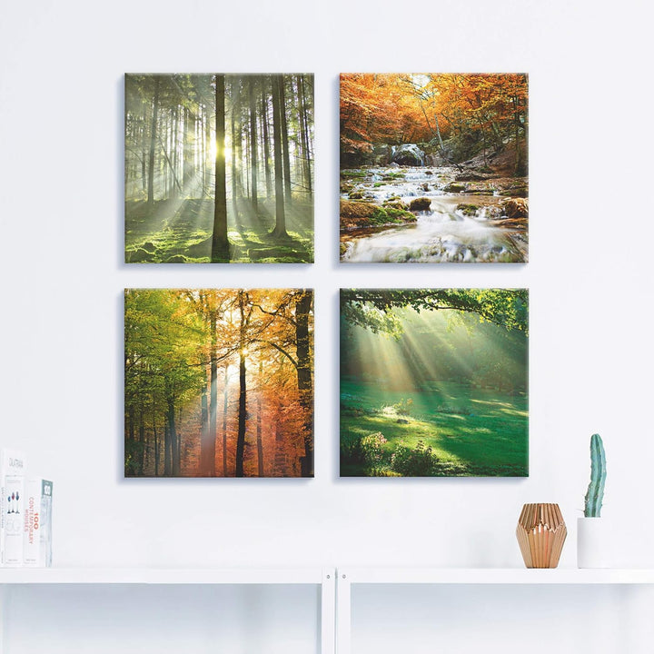 ARTLAND Leinwandbilder auf Holz Wandbild Bild Set 4 teilig je 30x30 cm Quadratisch Landschaft Herbst