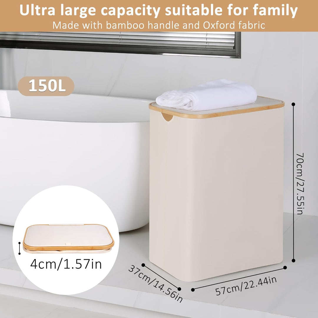 iEGrow Wäschekorb150L XL-Extra Gross 2 Fächer Wäschesammler mit Bambusgriff und Deckel, Laundry Bask