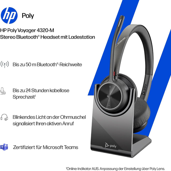 Schnurloses Poly Voyager 4320 UC-Headset und Ladestation – Stereo-Kopfhörer mit Noise Cancelling-Mik