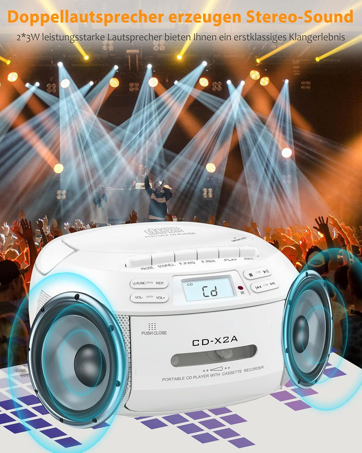 Greadio Boombox CD Player Tragbar, Kassettenspieler mit Bluetooth, FM Radio mit Fernbedienung, AUX-/
