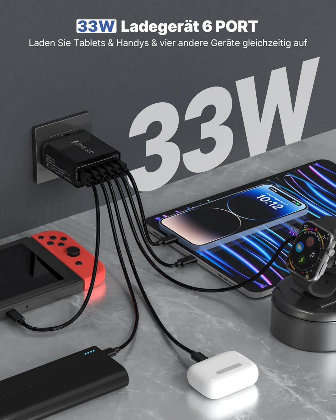 USB Ladegerät 2er-Pack, 6-Ports Schnellladegerät Mehrfach 33W USB Netzteil mit QC 3.0 und USB 3.1A,