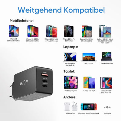 ARZOPA USB C Ladegerät 65W USB-C Netzteil GaN Charger 3-Port Schnellladegerät PPS Mehrfach Ladegerät