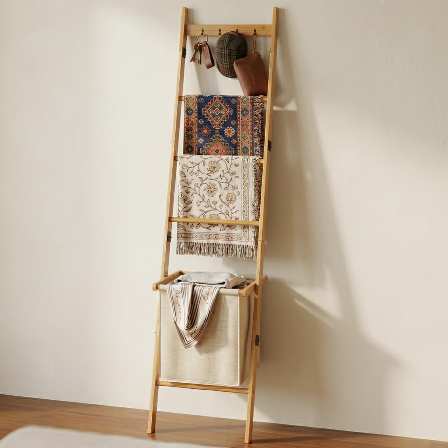 BAMBANG Deckenleiter mit Korb, 5-stufige Decken- und Steppdeckenhalterung Leiter Handtuchhalter mit