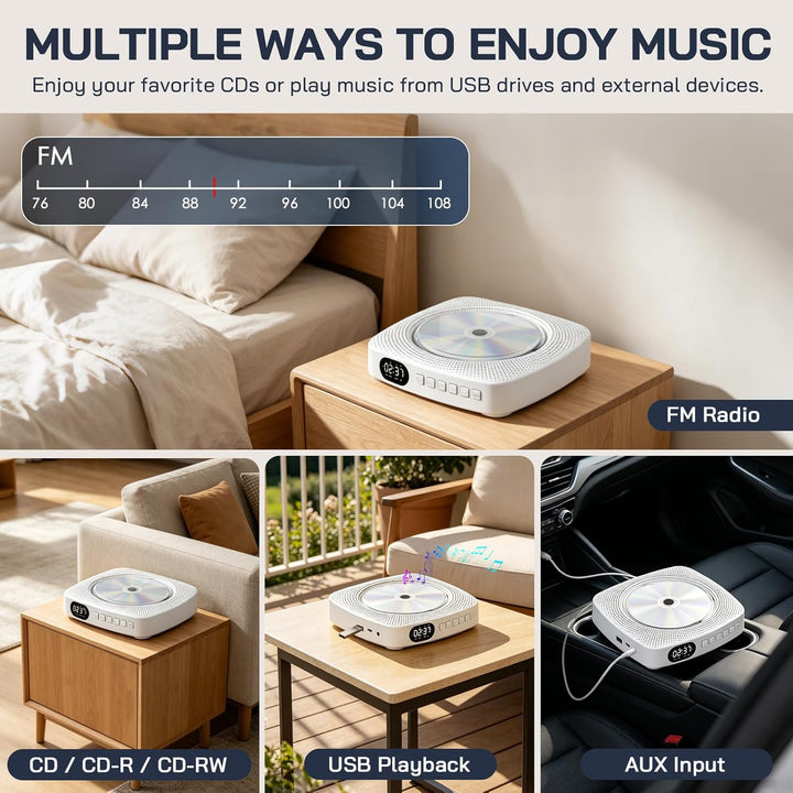 WOLFANG Tragbarer CD-Player WDV04 für Zuhause &amp; Outdoor, Bluetooth-CD-Player mit Lautsprechern, inte