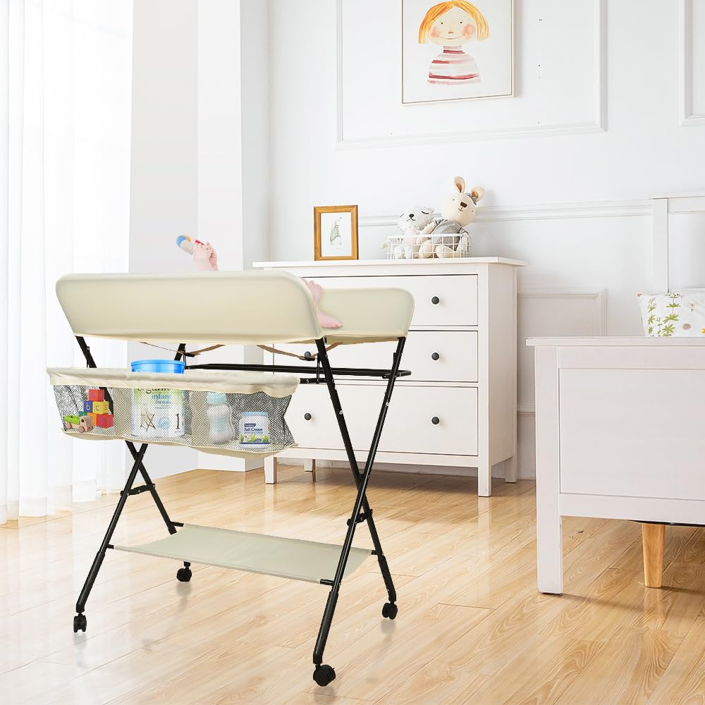 Wickeltisch Klappbar-Wickelkommode Babypflegetisch-Mobiler Wickelkombi mit Wickelauflage, Sicherheit