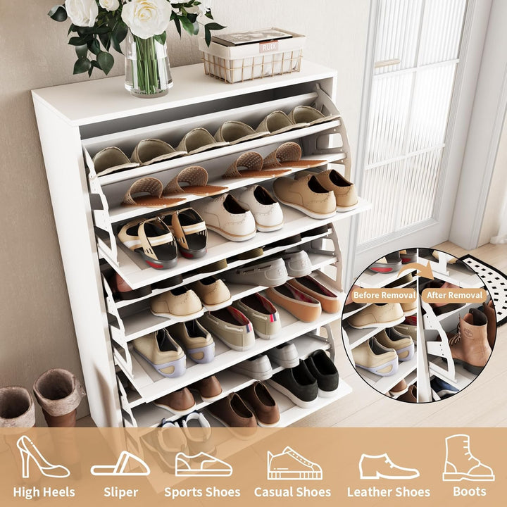 VOWNER Schuhschrank mit 3 Klappen, Schuhregal Schuhkipper Schmal, Schuhschrank Weiss, mit 9 Fächern,
