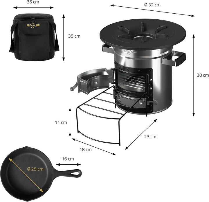 BBQ#BOSS Raketenofen mit Grillpfanne & Tragetasche, Silber, Campingkocher Holz mit Brennholzständer,