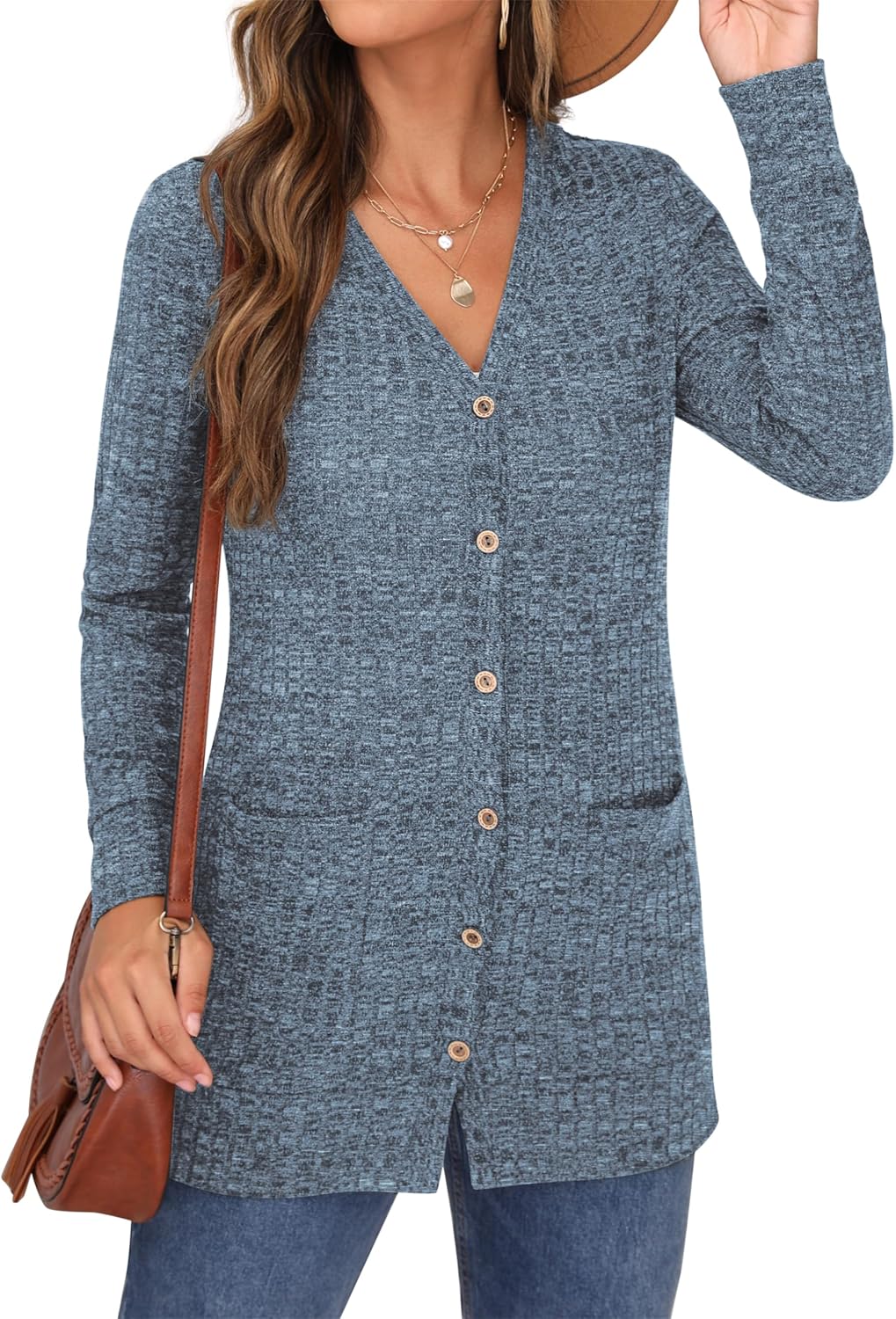 GRECERELLE Damen Leichte Strickjacke Lang mit Taschen und Knöpfen Long Elegant Cardigan V-Ausschnitt