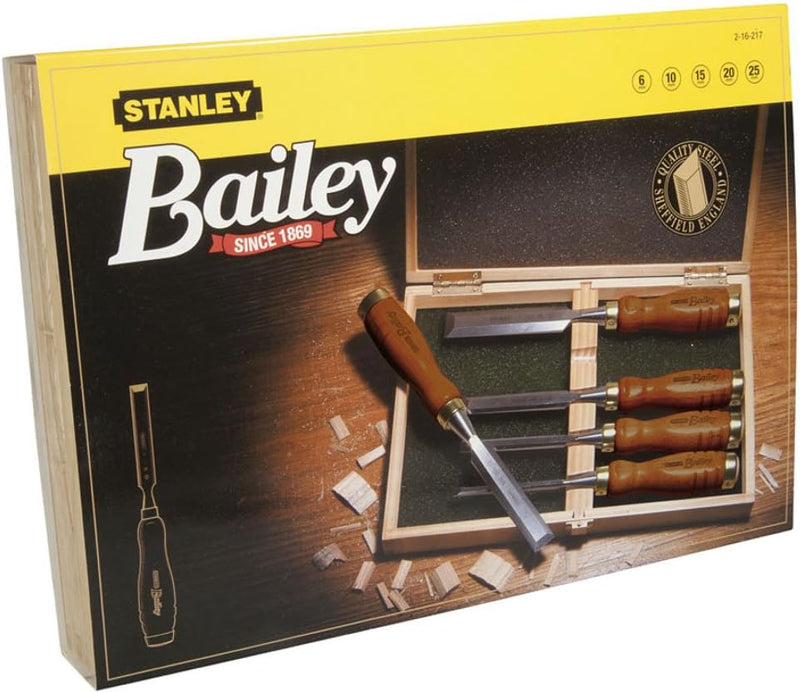 Stanley Bailey Stechbeitel Set 5-teilig (6/10/15/20/25 mm Beitelbreite, gehärteter Stahl, Kunststoff