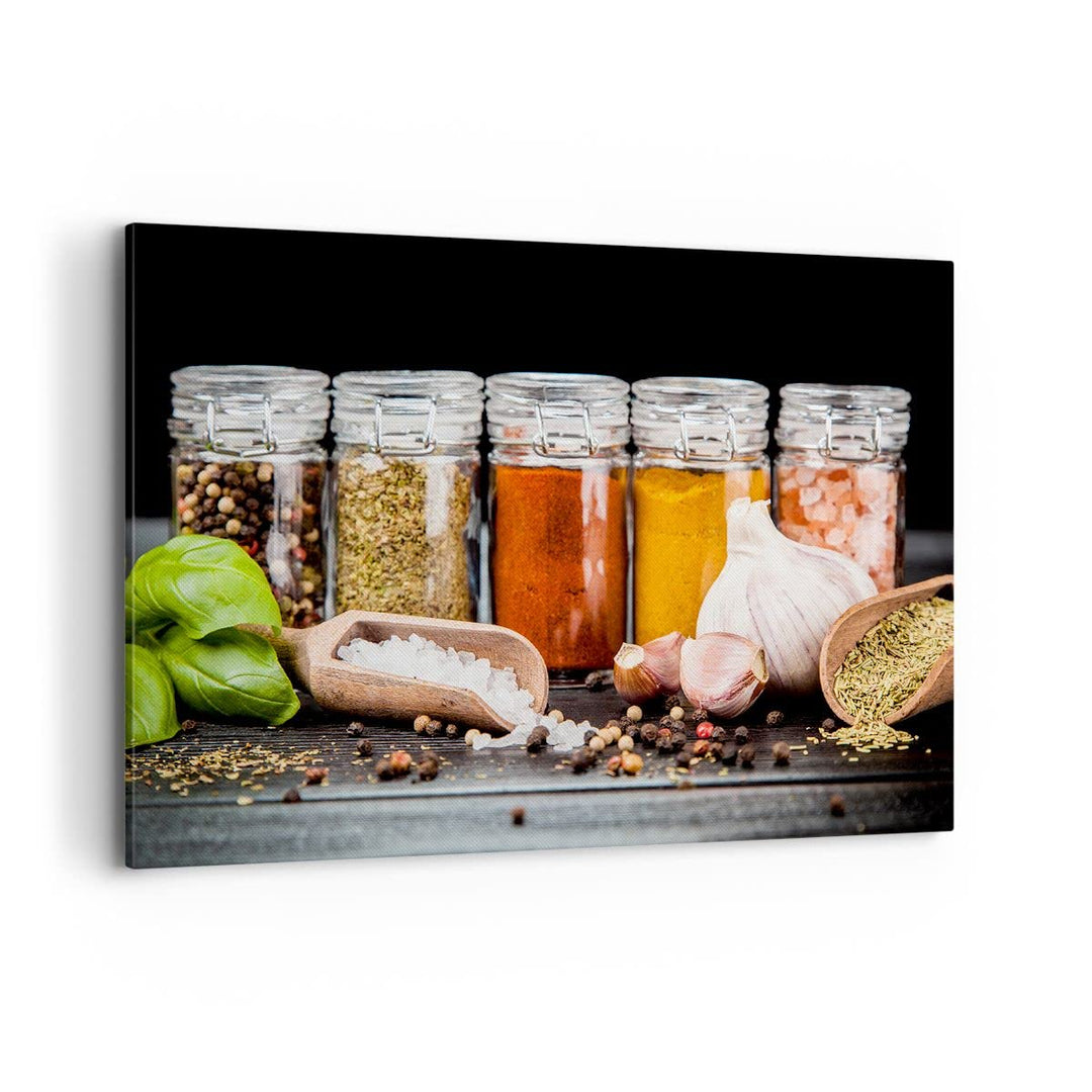 Bilder auf Leinwand 100x70cm Leinwandbild Gewürze Knoblauch Holz Salz Gross Wanddeko Bild Schlafzimm