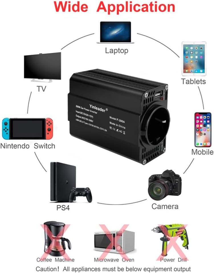 Yinleader 300W 12V auf 230V Wechselrichter 1 EU-Steckdosen und Typ-C PD&USB Q.C 3.0 mit Zigarettenan