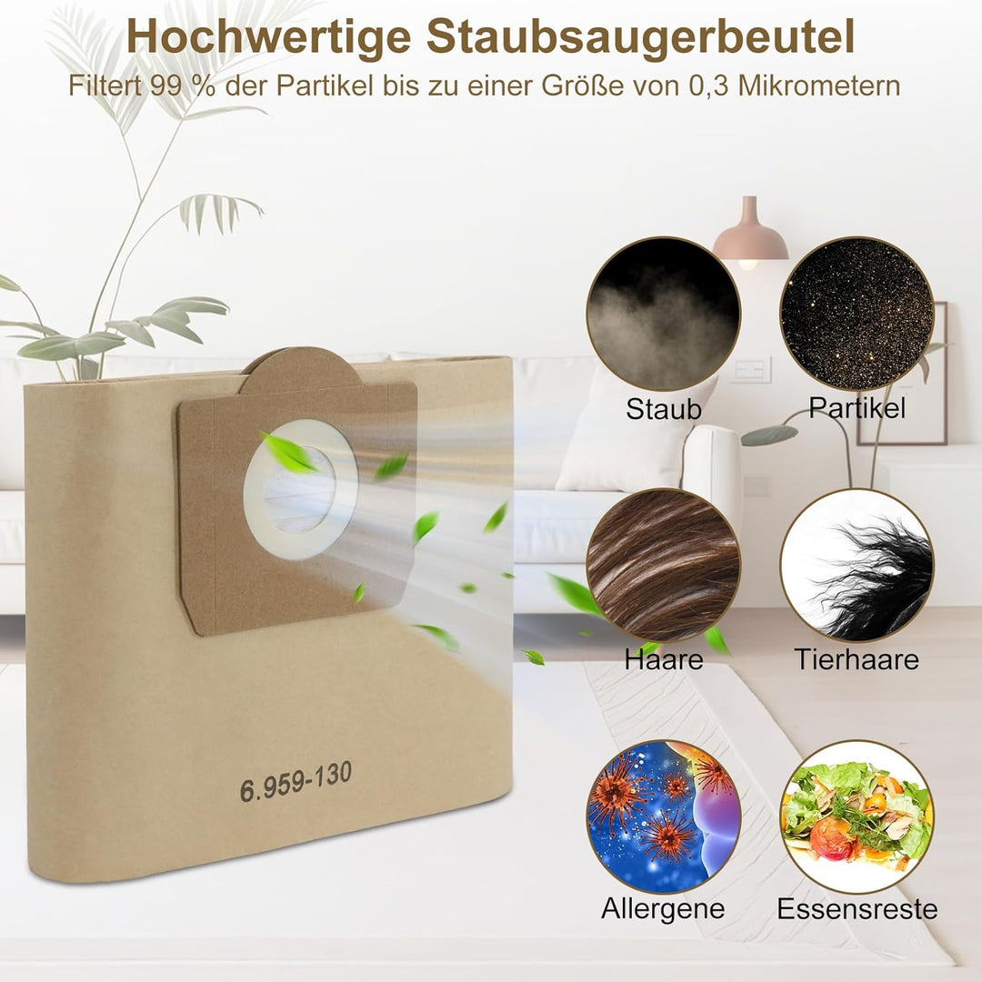 Fishoney 20 Stück WD3 Staubsaugerbeutel für Kärcher 6.959-130.0, Papier filterbeutel für WD3 1629 MV