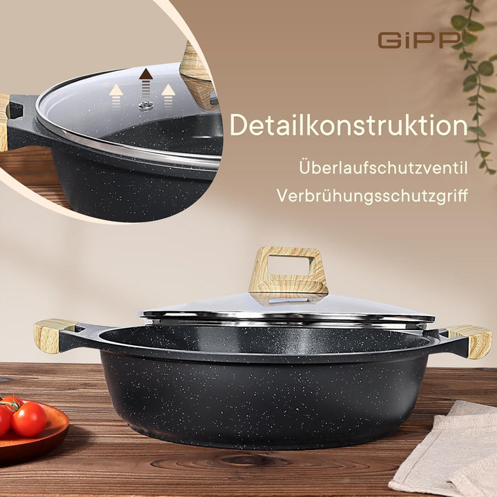 GiPP 3,8 L Suppentopf, 28 cm Flacher Antihaft-Suppentopf – Induktionskochgeschirr mit Glasdeckel – I