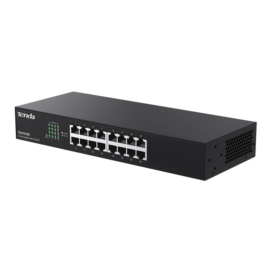 Tenda TEG1016D Gigabit Switch 16 Port 19 Zoll Rackeinbau Netzwerk Switch (Plug-und-Play, 32Gbit/s Sw