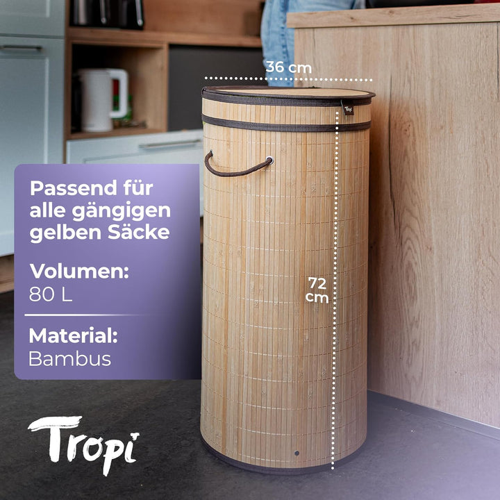 Tropi® Bambus Müllsackständer für Gelbe Säcke – 80L Gelber Sack Ständer mit Deckel & Sichtschutz – E