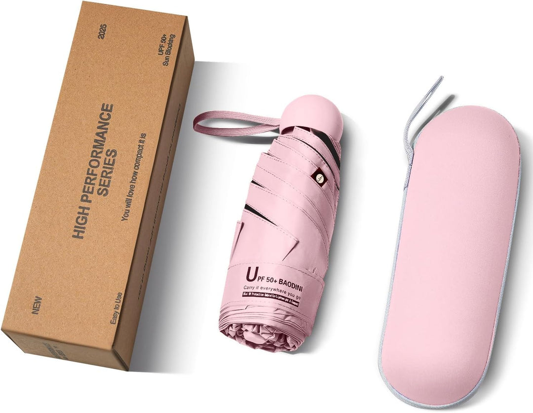 BAODINI Reise-Mini-Regenschirm für Geldbörse mit Etui – kleiner kompakter UV-Regenschirm, Sonnenschu