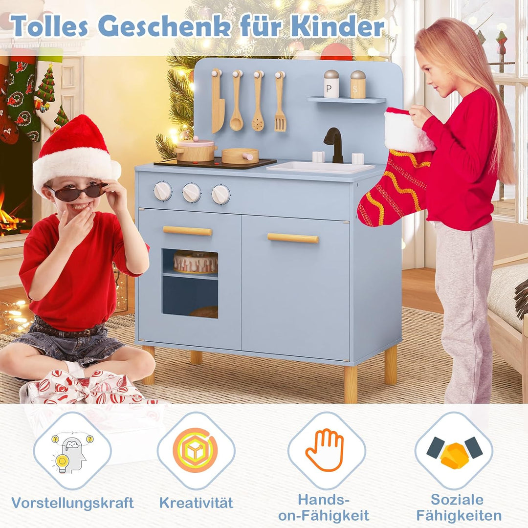 COSTWAY Kinderküche mit 10 Zubehör, Spielküche Holz mit Licht und Sound, Spielzeugküche mit Herd & S