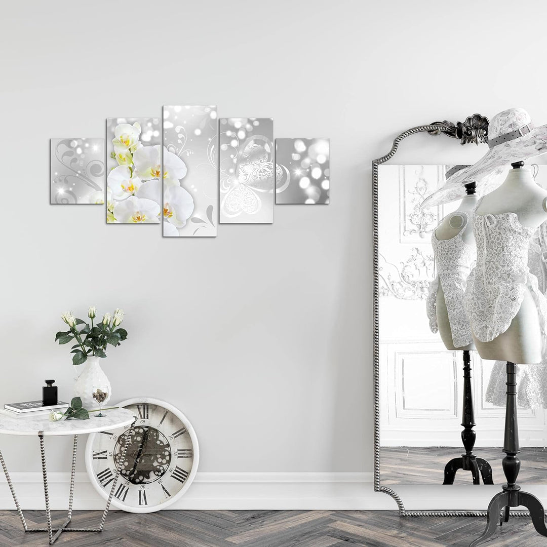 Runa Art Wandbilder Blumen Orchidee 5 Teilig Bild auf Vlies Leinwand Deko Wohnzimmer Abstrakt Grau S