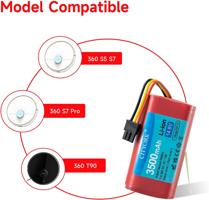 CITYORK 14,8 V 3500 mAh Ersatzakku für 360 S5 S7 S7 Pro T90, wiederaufladbarer Li-Ion-Staubsauger-Ak