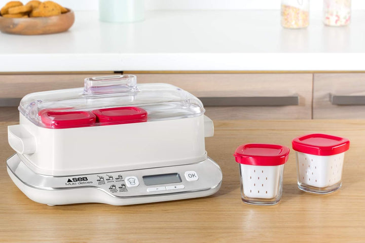 Seb YG660100 Joghurtbereiter, 6 rote Töpfe, Joghurt, 5 automatische Programme, Milchdesserts, weisse