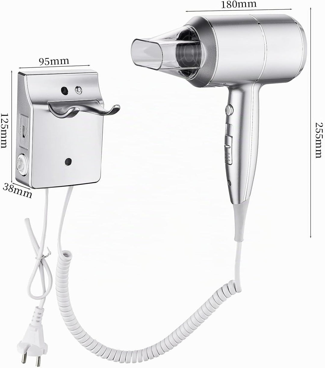 QL Haartrockner Ionen mit Wandhalterung und USB-Steckdose,Föhn mit ThermoProtect Technologie 2000wat