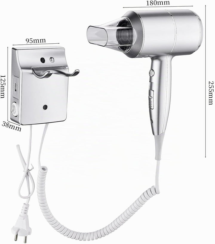 QL Haartrockner Ionen mit Wandhalterung und USB-Steckdose,Föhn mit ThermoProtect Technologie 2000wat