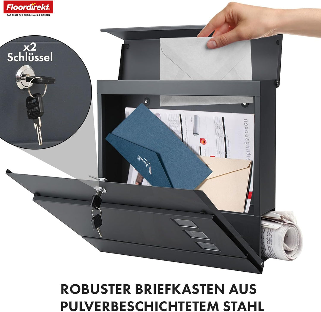 Floordirekt Moderner Briefkasten, mit Zeitungshalter, Deckel, abschliessbar mit Sichtfenstern und Ze