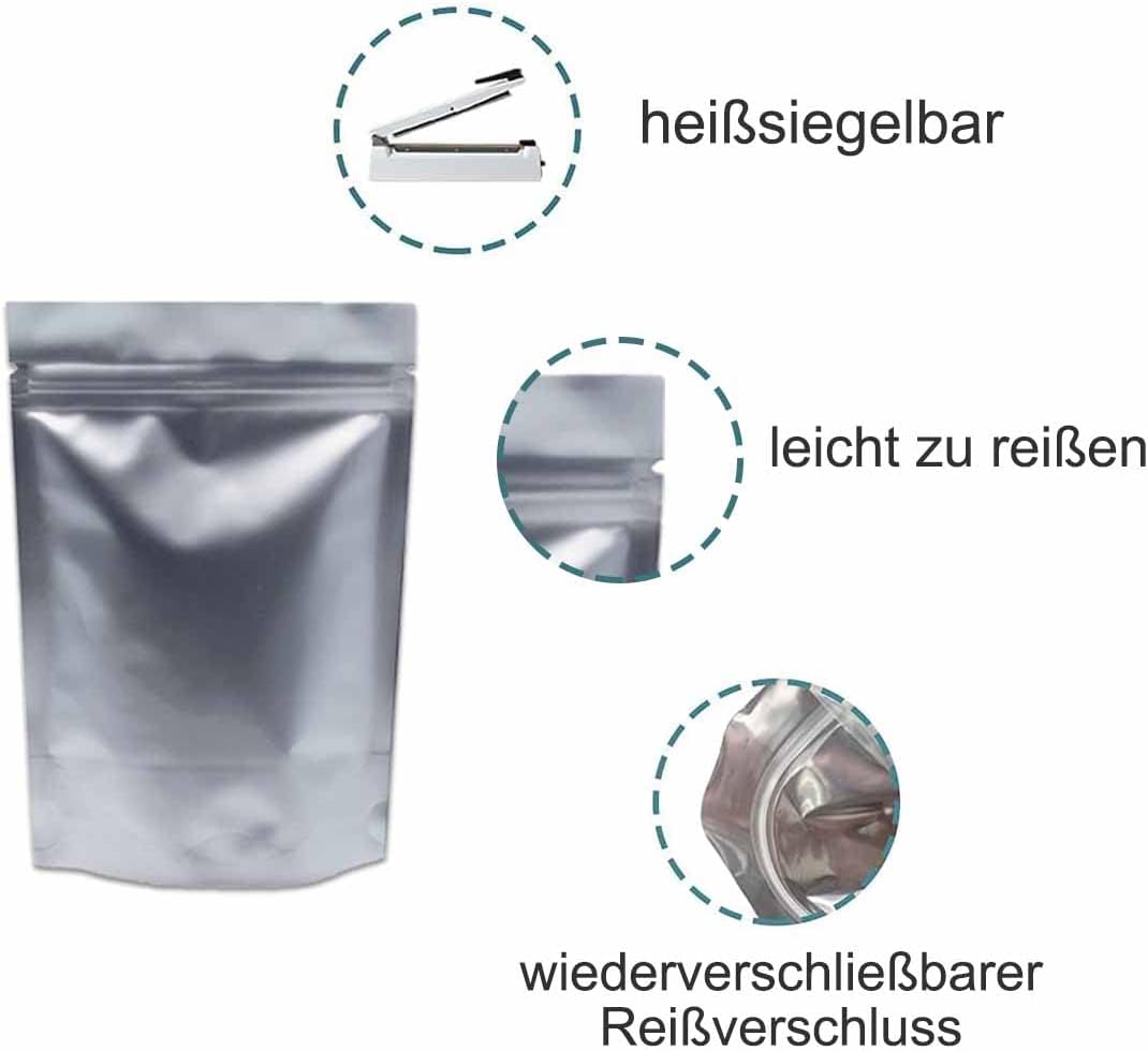 50 Stück Silber Reine Aluminiumfolie Stand Up Mylar Bags Lebensmittelaufbewahrung Reissverschlussbeu