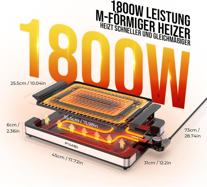 FIMEI Tischgrill Elektrisch 1800W, Elektrogrill Antihaftbeschichtete Grillplatte, Temperatureinstell