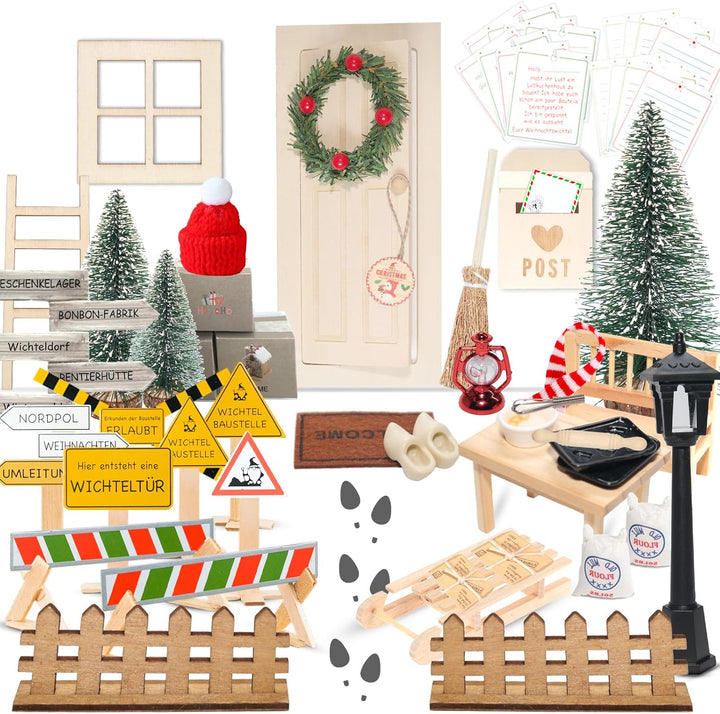 Wichteltür Set, 48 Stück Wichteltür Zubehör Weihnachten Komplettset, Wichtel Zubehör Baustelle Set i