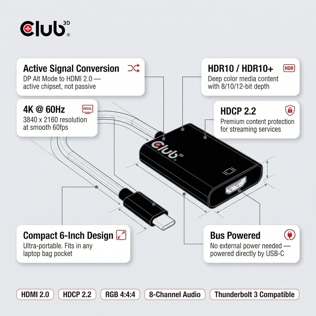 CLUB3D USB 3.1 Type C auf HDMI 2.0 UHD 4K 60HZ Aktiver Adapter - Kabelschnittstellen-/adapter (USB 3