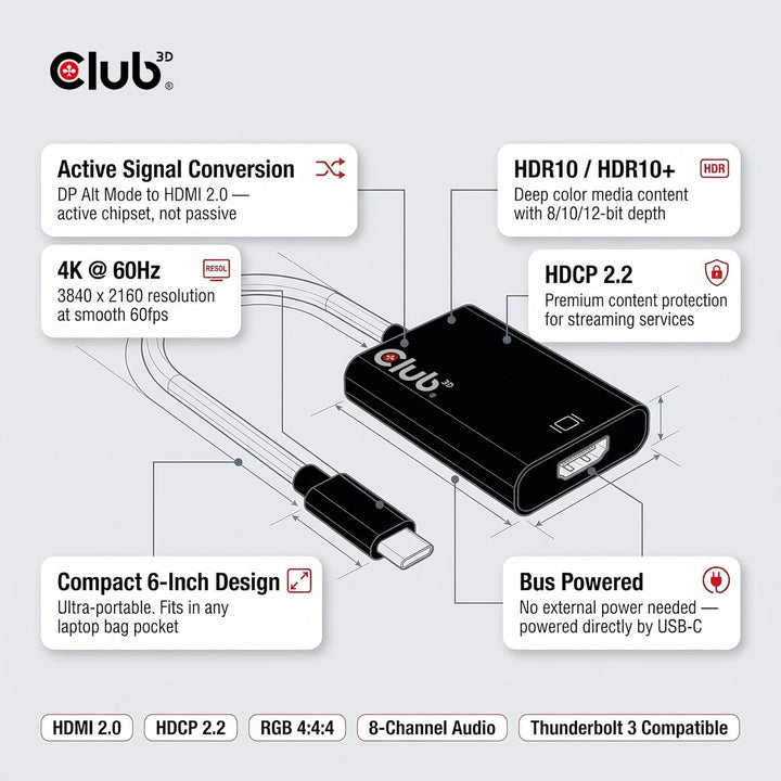 CLUB3D USB 3.1 Type C auf HDMI 2.0 UHD 4K 60HZ Aktiver Adapter - Kabelschnittstellen-/adapter (USB 3