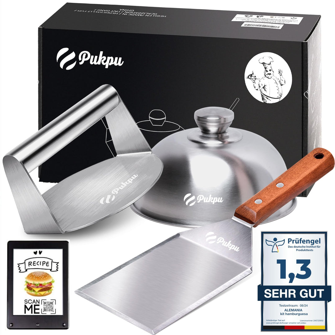 Burgerpresse Smash Burger Set - 3-Teilig Burger Smasher aus Edelstahl mit 1 Grosse Grillspachtel und