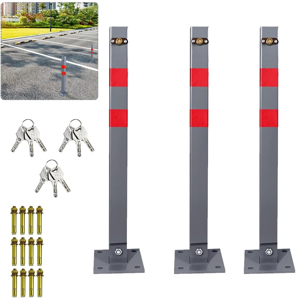 Ikodm 4x Parkpfosten klappbar Absperrpfosten mit 3 Schlüssel, Stahl Parkplatzsperre Parkplatzsperren