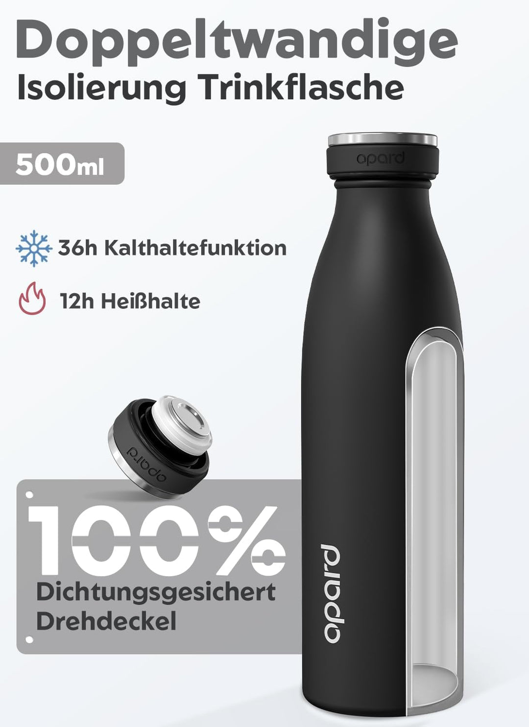 Opard Grip Thermosflasche 500ml, 36h Kalt &amp; 12h Heiss Trinkflasche Edelstahl, Trinkflasche Kohlensäu