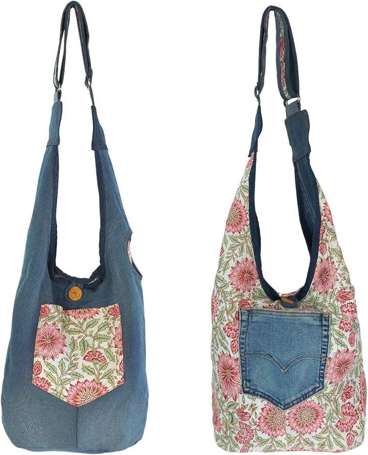Sunsa Damen nachhaltig Hobo Tasche, Umhängetasche aus recycelte Jeans & Baumwolle. Boho Blumig Cross